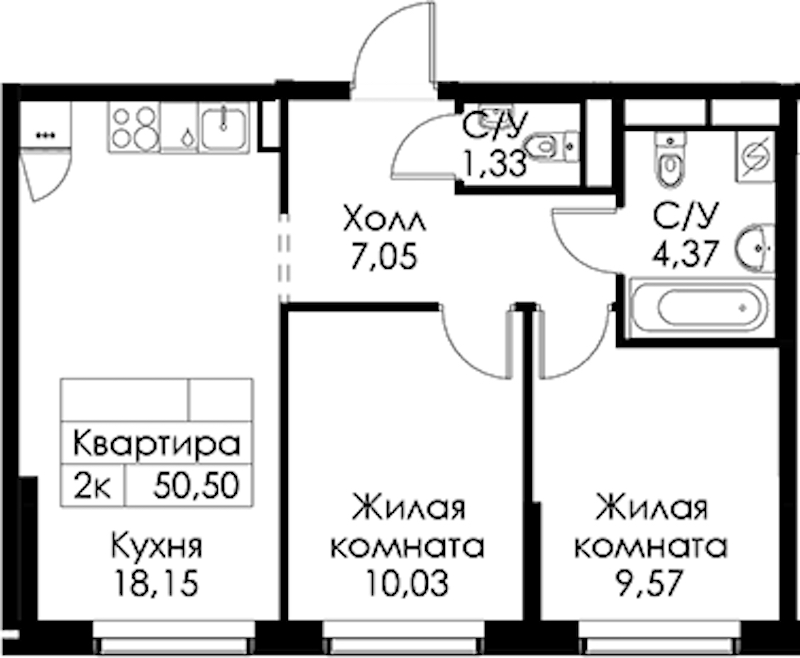 2-комнатная квартира 50.5 м², 1/15 эт., ЖК «Янинский лес»